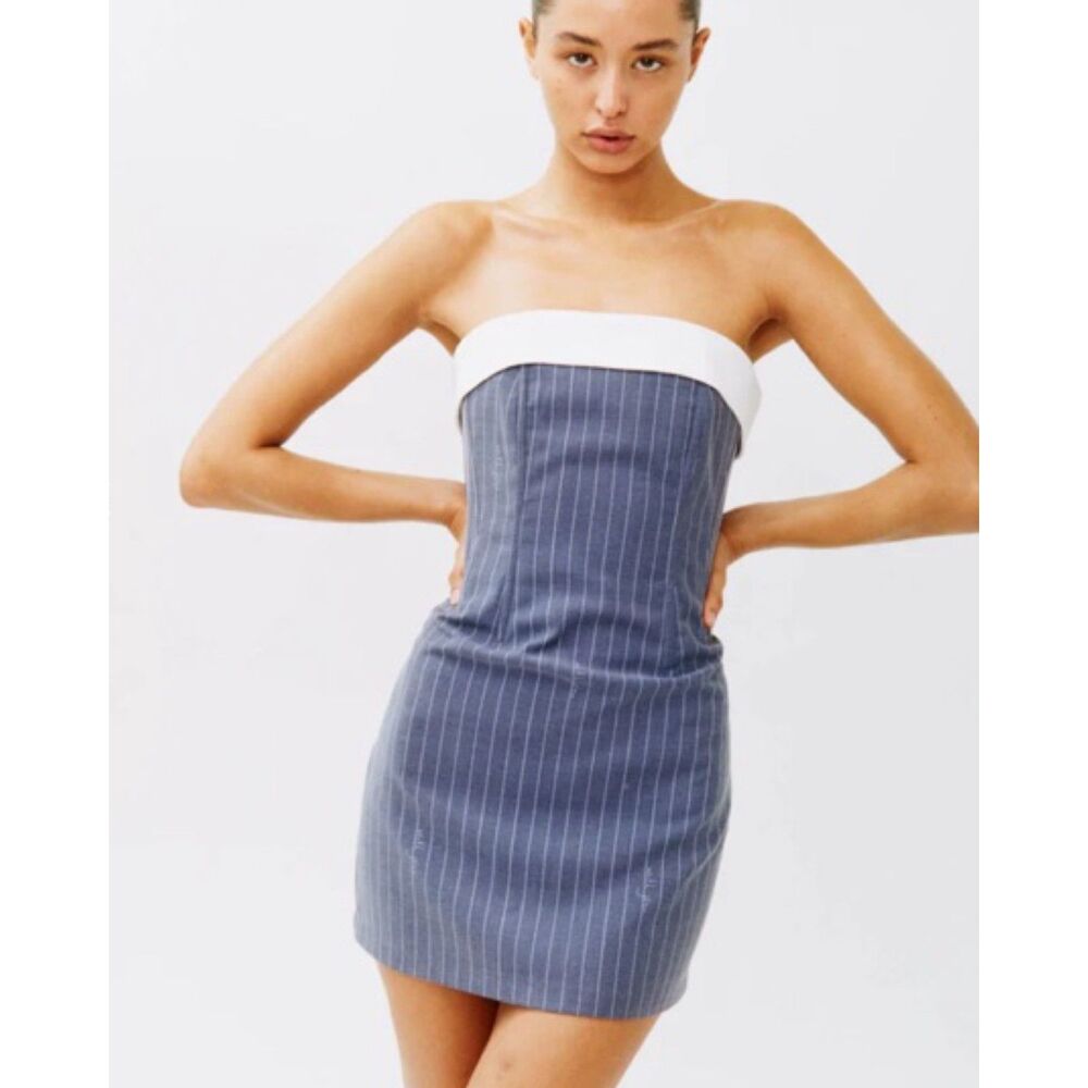 WITH JEAN Pinstriped Corset Sleeveless Mini Dress Blue Small